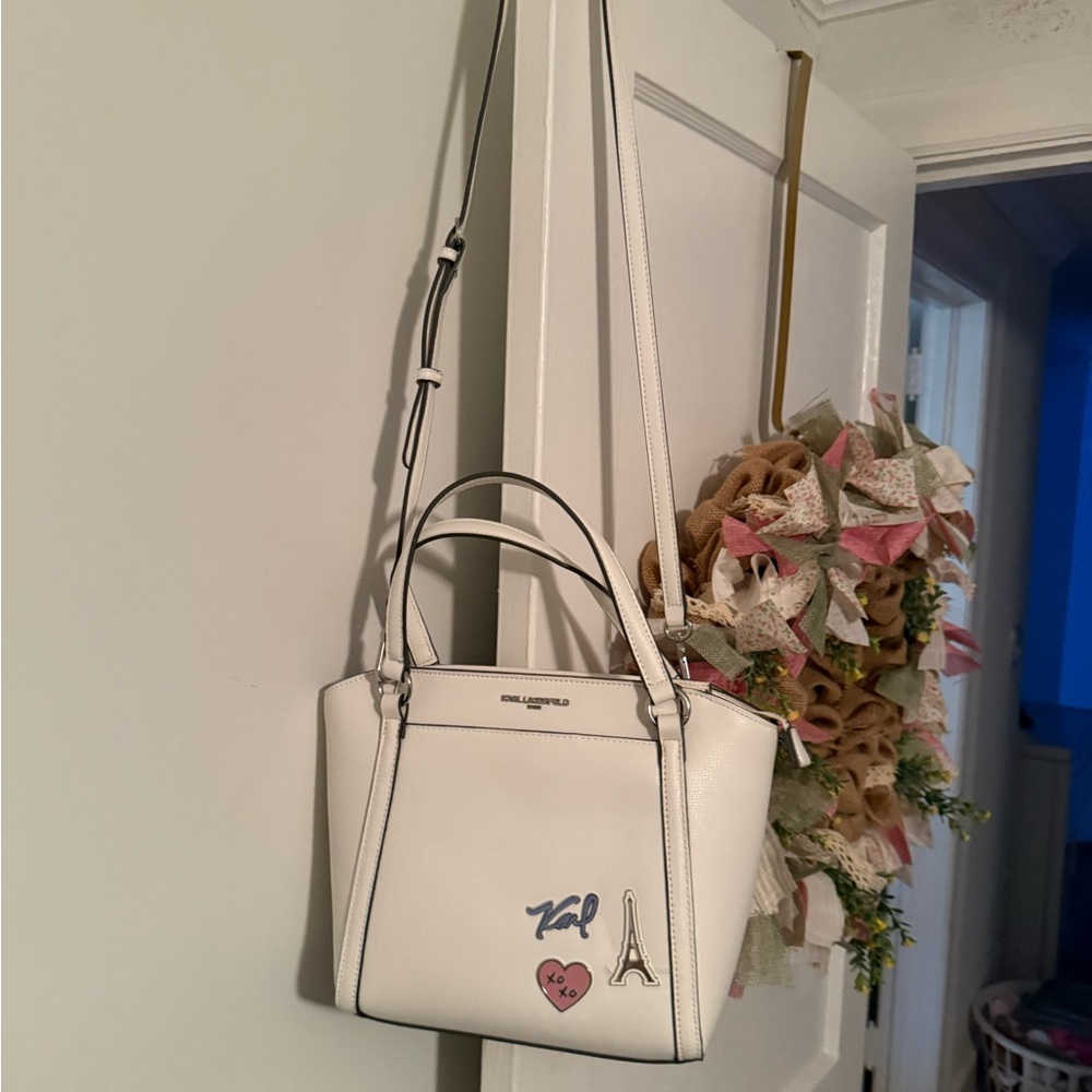 NWT Karl Lagerfeld White Leather Satchel with Paris Motif